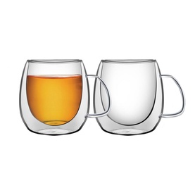 Tramontina Double Walled Coffee and Tea Cups with Handles Set of Two, clear borosilicate glass with loop handles, one filled with tea