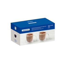 Tramontina Double Walled Coffee and Tea Cups with Handles Set of Two, clear glass with handles, shown in branded blue gift box