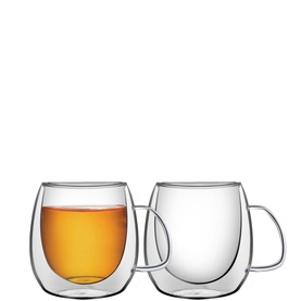 Tramontina Double Walled Coffee and Tea Cups with Handles Set of Two, clear borosilicate glass with loop handles, one filled with tea