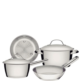 Tramontina Allegra Stainless Steel Four-Piece Cookware Set with saucepan, casserole, frying pan and steamer lid