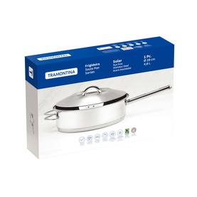 Tramontina Stainless Steel Saute Pan with Handles 28cm in product box, showing stainless steel pan with lid and dual handles