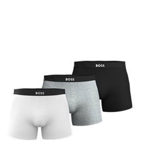 Hugo Boss Three-Pack Logo Boxers in white, grey and black with branded elasticated waistbands, 95% cotton stretch fit