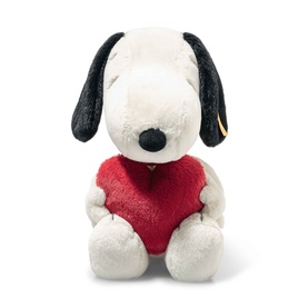 Steiff Bears Snoopy plush soft toy in white and black, holding a red heart, seated pose