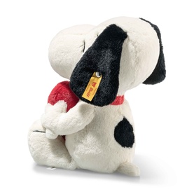 Steiff Bears Snoopy plush soft toy in white and black with red heart detail, seated pose, with signature yellow ear tag