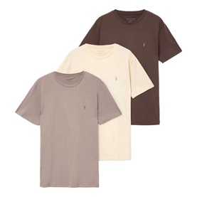 AllSaints 3-pack crew neck T-shirts in multi: taupe, cream and dark brown, each with tonal Ramskull logo embroidery