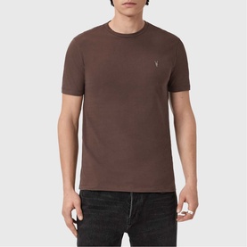 Model wearing All Saints Three-Pack Brace Ramskull Logo T-Shirt in dark brown, short sleeves, small Ramskull logo embroidery on chest, styled with