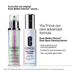 Clinique Even Better Clinical Dark Spot Clearing Serum 50ml in glass bottle shown alongside original formula with promotional text