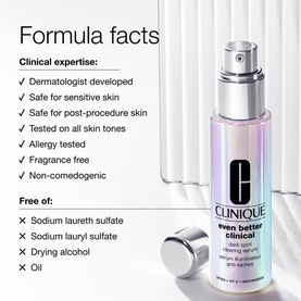 Clinique Even Better Clinical Dark Spot Clearing Serum 75ml pump bottle beside formula facts listing key clinical and free-from claims