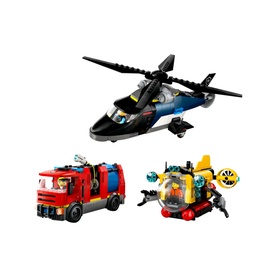 Lego City Great Vehicles Helicopter, Fire Engine & Submarine Remix set with black helicopter, red fire truck, and yellow submarine builds