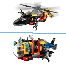 Lego City Great Vehicles Helicopter, Fire Engine & Submarine Remix showing built black and yellow helicopter and blue exploration submarine models