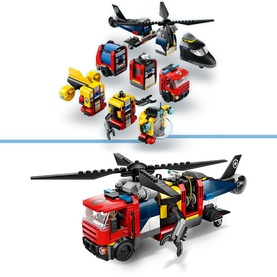 Lego City Great Vehicles Helicopter, Fire Engine & Submarine Remix set shown assembled and in parts, featuring red fire truck
