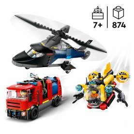 Lego City Great Vehicles Helicopter, Fire Engine & Submarine Remix, 874-piece set with black helicopter, red fire truck and yellow submarine build