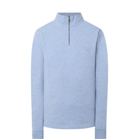 Rodd & Gunn Alton Ave Half-Zip Sweatshirt in light blue with stand collar, half-zip fastening, ribbed trims, and long sleeves