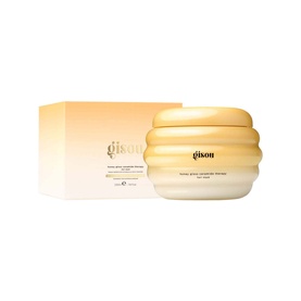 GISOU Honey Gloss Ceramide Therapy Hair Mask in gold ribbed jar, shown with matching branded box