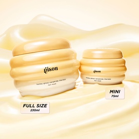 GISOU Honey Gloss Ceramide Therapy Hair Mask in full size 230ml and mini 75ml, gold ribbed jar packaging on cream satin background