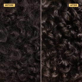 Before and after split image showing dark curly hair treated with GISOU Honey Gloss Ceramide Therapy Hair Mask, with visibly smoother