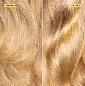 Before and after close-up of blonde hair using GISOU Honey Gloss Ceramide Therapy Hair Mask, showing enhanced shine and smoothness