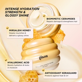 GISOU Honey Gloss Ceramide Therapy Hair Mask in gold jar, surrounded by honey, highlighting key ingredients including ceramides and hyaluronic acid