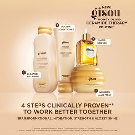 Gisou Honey Gloss Ceramide Therapy 4-step routine: shampoo, conditioner, hair oil, and hair mask in gold packaging
