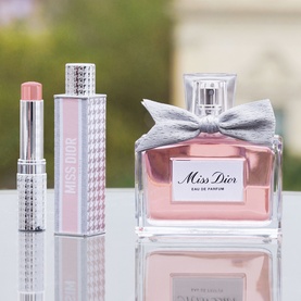 Dior Miss Dior Eau de Parfum and Mini Miss Solid Perfume set, pink floral bottle with grey bow and matching lip balm stick