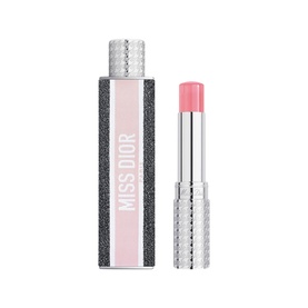 Dior Miss Dior Parfum Mini Miss Solid Perfume in pink and silver bullet-style case with glittery cap, open to reveal balm