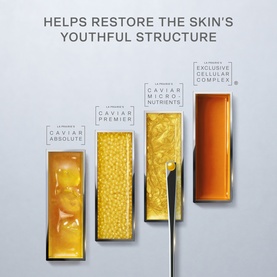LA Prairie Skin Caviar Liquid Lift 50ml serum shown alongside Caviar range lineup with golden caviar pearl textures and Exclusive Cellular Complex