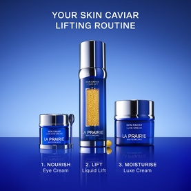 LA PRAIRIE Skin Caviar Lifting Routine set featuring Eye Cream, Liquid Lift Serum 50ml, and Luxe Cream in blue packaging