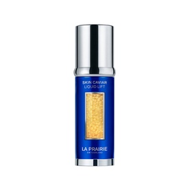La Prairie Skin Caviar Liquid Lift serum, 30ml, in blue bottle with silver cap and gold caviar bead window panel