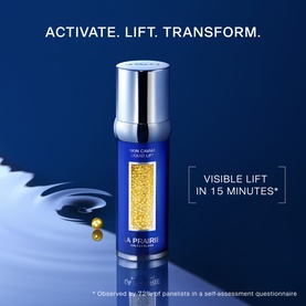 LA PRAIRIE Skin Caviar Liquid Lift 30ml serum bottle surrounded by water droplets and golden caviar pearls on deep blue background