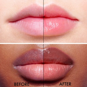 Dior Addict Lip Glow lip balm in 001 Pink, before and after application shown on two different skin tones, enhancing natural lip colour.