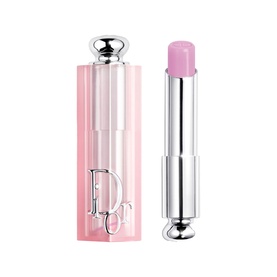 Dior Addict Lip Glow Lip Balm in 001 Pink, shown with pale lilac bullet and pink faceted case with silver cap