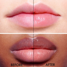 Dior Addict Lip Glow 001 Pink lip balm before and after close-up showing enhanced natural lip colour on two skin tones