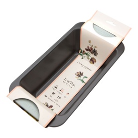 Laura Ashley Loaf Pan Tin 900g in charcoal carbon steel with silicone handles, shown with floral branded packaging