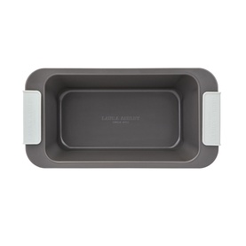 Laura Ashley Loaf Pan Tin 900g in charcoal carbon steel with white silicone handles and non-stick interior, overhead view