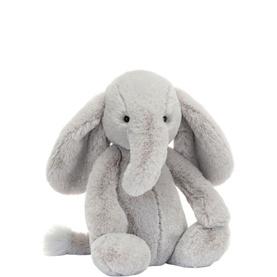 Jellycat Bashful Luxe Elephant Thuddeus 31cm light grey plush soft toy with floppy ears and curled trunk, seated upright