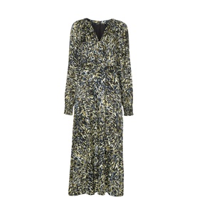 Whistles Leopard Swirl Dress in green, V-neckline, all-over leopard print, self-tie belt, blouson sleeves with shirred cuffs