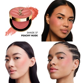 YSL Make Me Blush Bold Blurring Blush in Shade 37 Peachy Nude compact with three models showing blush applied to cheeks