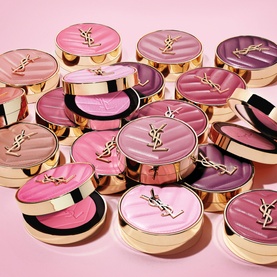 YSL Make Me Blush Bold Blurring Blush in Rose Haze 6, multiple pink compact blushers with gold YSL logo lids styled on pink background