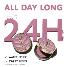 YSL Make Me Blush Bold Blurring Blush in Rose Haze 6, compact shown open and closed, with 24H wear, waterproof and sweat-proof claims