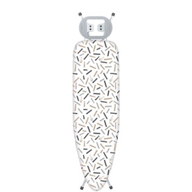 Kleeneze Table Top Ironing Board & Cover in white with multicoloured printed cotton cover, iron rest, and steel frame with non-slip feet