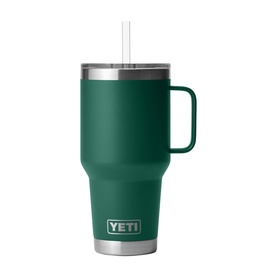 Yeti Rambler&reg; Straw Mug with Straw Lid 35oz in green, stainless steel with handle, reusable straw lid, and YETI logo detail