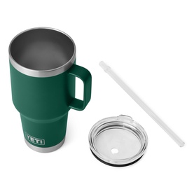 Yeti Rambler&reg; Straw Mug 35oz in green with detached straw lid and reusable straw displayed alongside, stainless steel with handle