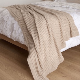 Beige Knitted Ribbed Bed Blanket