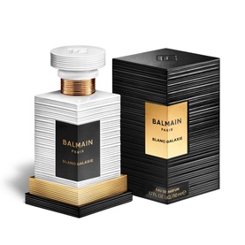 Balmain Blanc Galaxie Eau de Parfum in textured white and gold bottle beside black and gold branded box