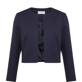 Hobbs Elize Open Front Jacket in navy blue, featuring round neckline, long sleeves with open slit cuffs and satin-trim open front
