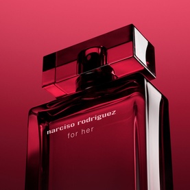 Narciso Rodriguez For Her Eau de Parfum Intense 50ml in deep red bottle with square cap against crimson background