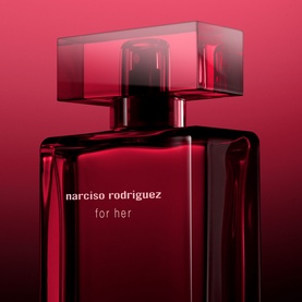 Narciso Rodriguez For Her Eau de Parfum Intense 50ml in deep red square bottle with matching red cap on crimson background