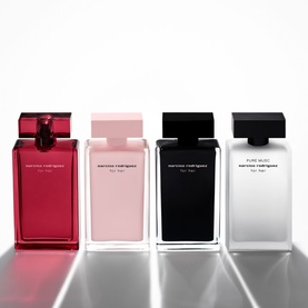 Narciso Rodriguez For Her EDP Intense 50ml shown alongside three flankers in red, pink, black and white square bottles