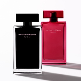 Narciso Rodriguez For Her Eau de Parfum Intense 50ml alongside black For Her EDT, both in signature square bottles