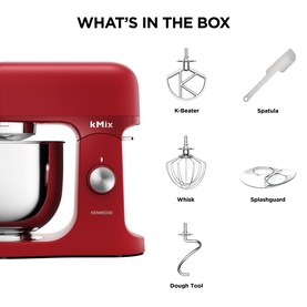 Kenwood kMix stand mixer in red with silver bowl, shown with included K-beater, spatula, whisk, splashguard and dough tool attachments